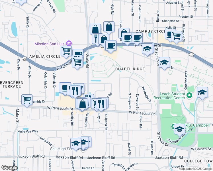 map of restaurants, bars, coffee shops, grocery stores, and more near 221 Bamboo Drive in Tallahassee