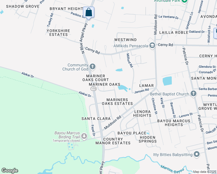 map of restaurants, bars, coffee shops, grocery stores, and more near 3237 Windjammer Court in Pensacola