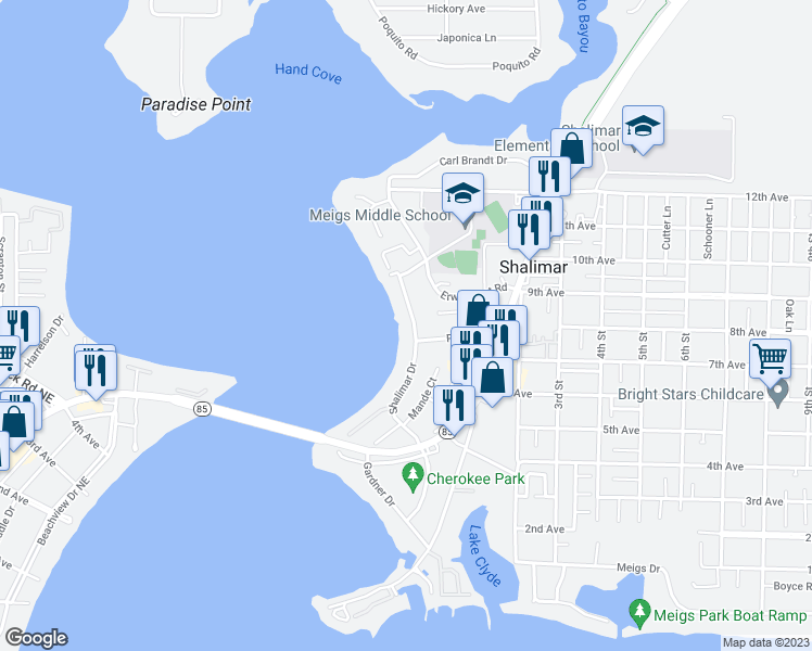 map of restaurants, bars, coffee shops, grocery stores, and more near 263 Shalimar Drive in Shalimar