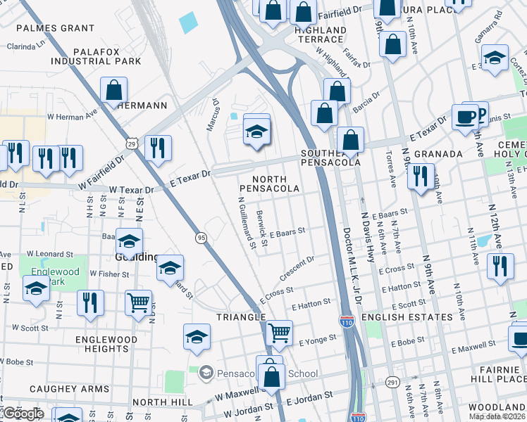 map of restaurants, bars, coffee shops, grocery stores, and more near 3014 North Miller Street in Pensacola