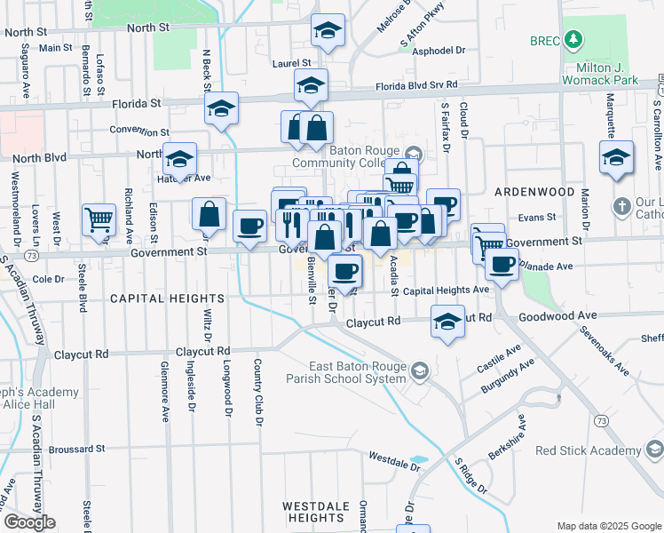 map of restaurants, bars, coffee shops, grocery stores, and more near 545 South Foster Drive in Baton Rouge