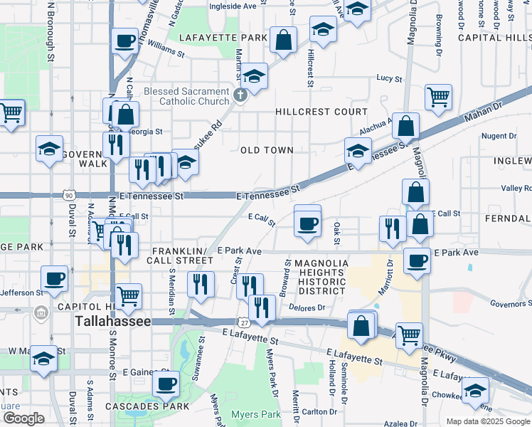 map of restaurants, bars, coffee shops, grocery stores, and more near 638 East Call Street in Tallahassee