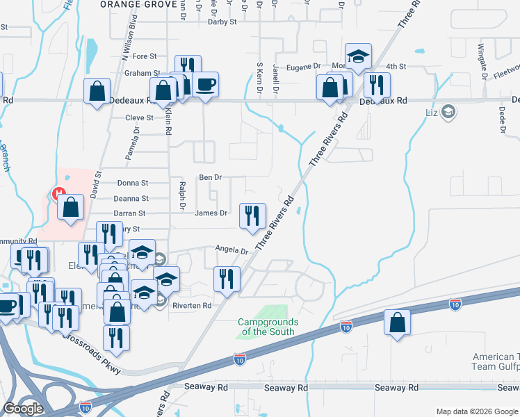 map of restaurants, bars, coffee shops, grocery stores, and more near 11047 Three Rivers Road in Gulfport