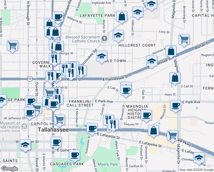 map of restaurants, bars, coffee shops, grocery stores, and more near 203 North Franklin Boulevard in Tallahassee