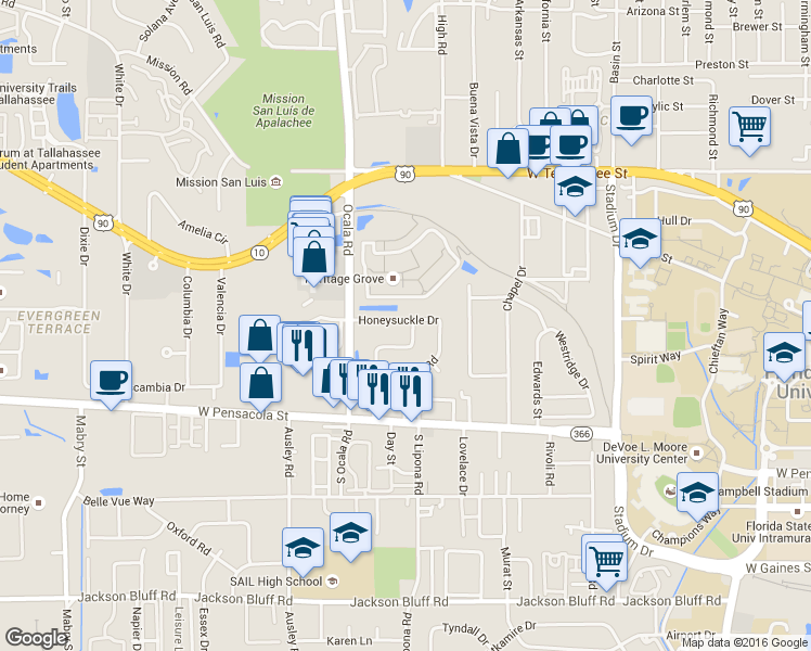 map of restaurants, bars, coffee shops, grocery stores, and more near 1901 Honeysuckle Drive in Tallahassee