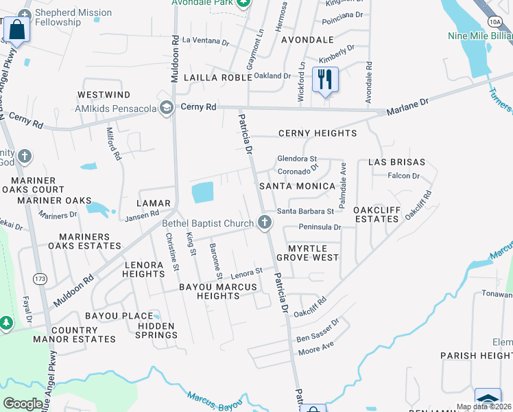 map of restaurants, bars, coffee shops, grocery stores, and more near 3150 Patricia Drive in Pensacola