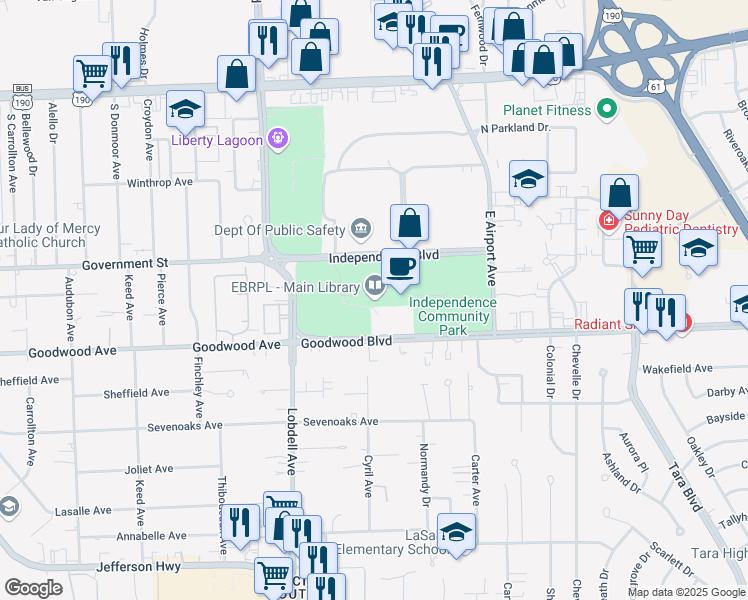 map of restaurants, bars, coffee shops, grocery stores, and more near 7711 Goodwood Boulevard in Baton Rouge