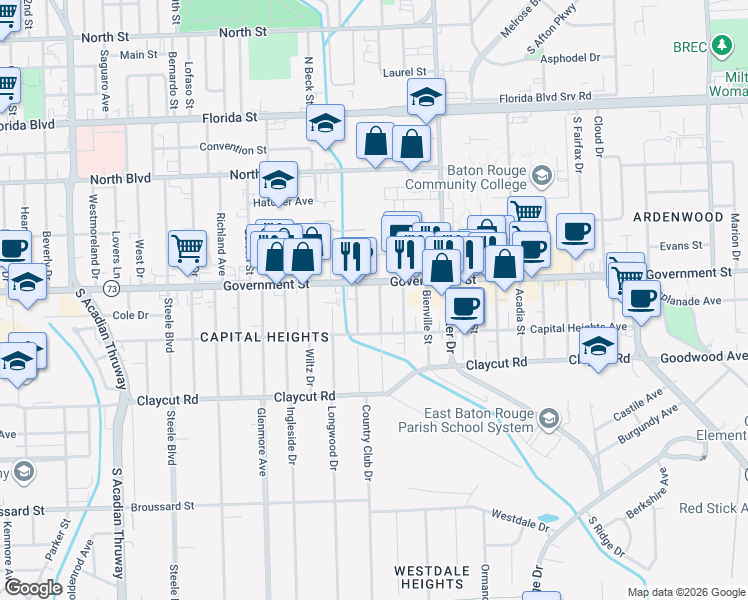 map of restaurants, bars, coffee shops, grocery stores, and more near 545 Moore Street in Baton Rouge