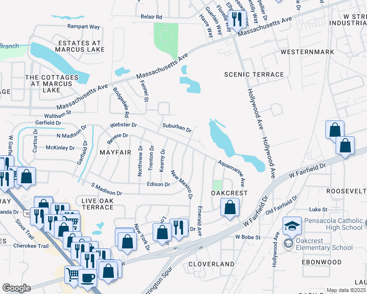 map of restaurants, bars, coffee shops, grocery stores, and more near 1158 Webster Drive in Pensacola