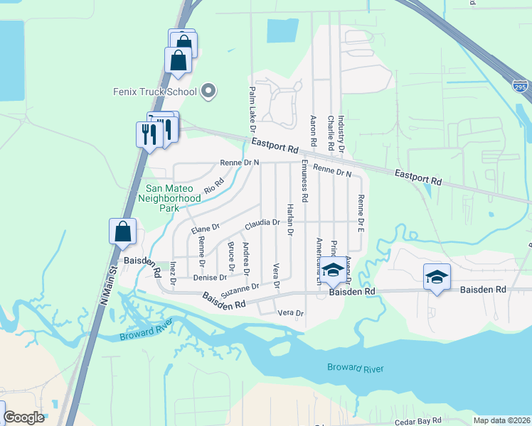 map of restaurants, bars, coffee shops, grocery stores, and more near 11427 Vera Drive in Jacksonville