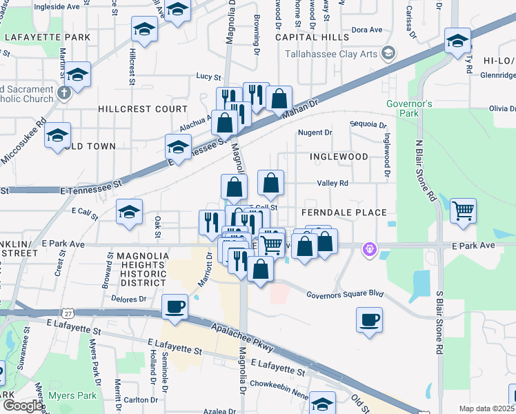 map of restaurants, bars, coffee shops, grocery stores, and more near 209 North Magnolia Drive in Tallahassee