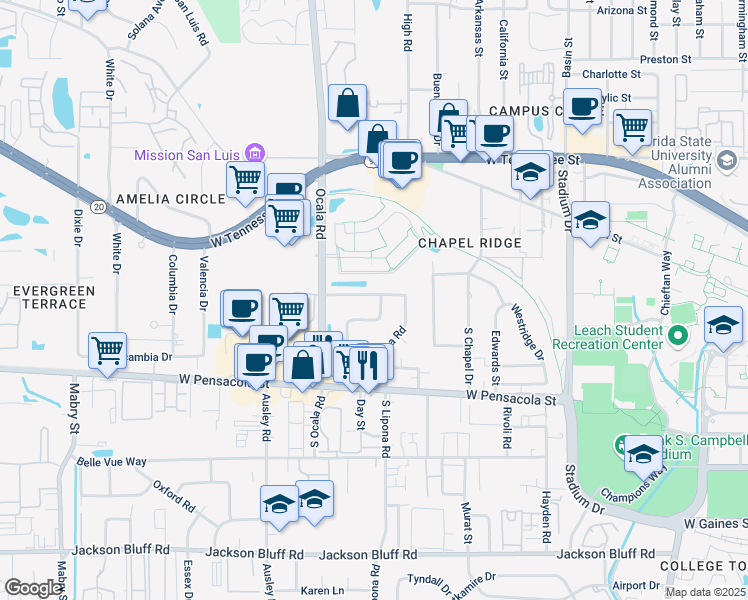 map of restaurants, bars, coffee shops, grocery stores, and more near 1901 Honeysuckle Drive in Tallahassee