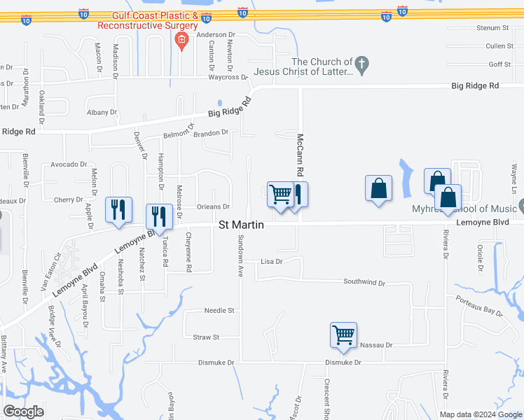 map of restaurants, bars, coffee shops, grocery stores, and more near 7 Pelican Park in Biloxi
