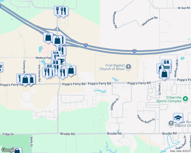 map of restaurants, bars, coffee shops, grocery stores, and more near 900-994 Motsie Rd in Biloxi
