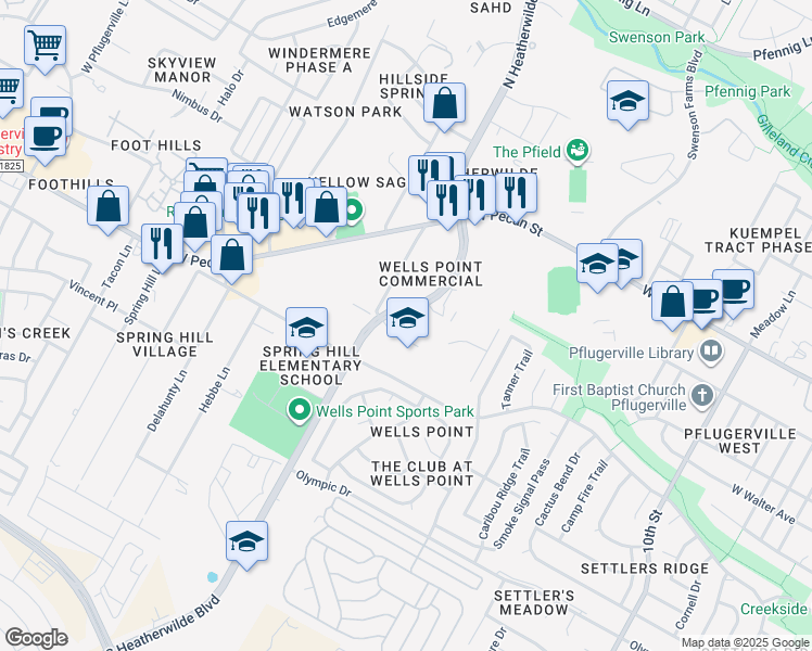 map of restaurants, bars, coffee shops, grocery stores, and more near 401 South Heatherwilde Boulevard in Pflugerville