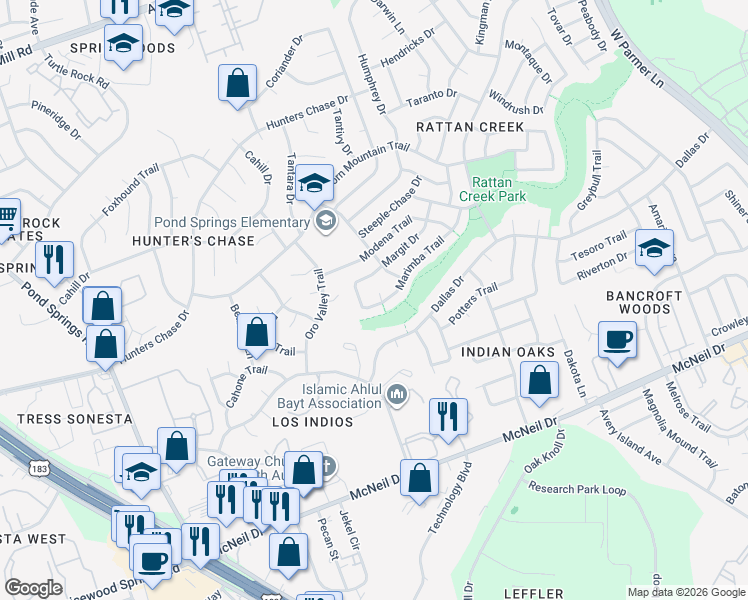map of restaurants, bars, coffee shops, grocery stores, and more near 12607 Olympiad Drive in Austin
