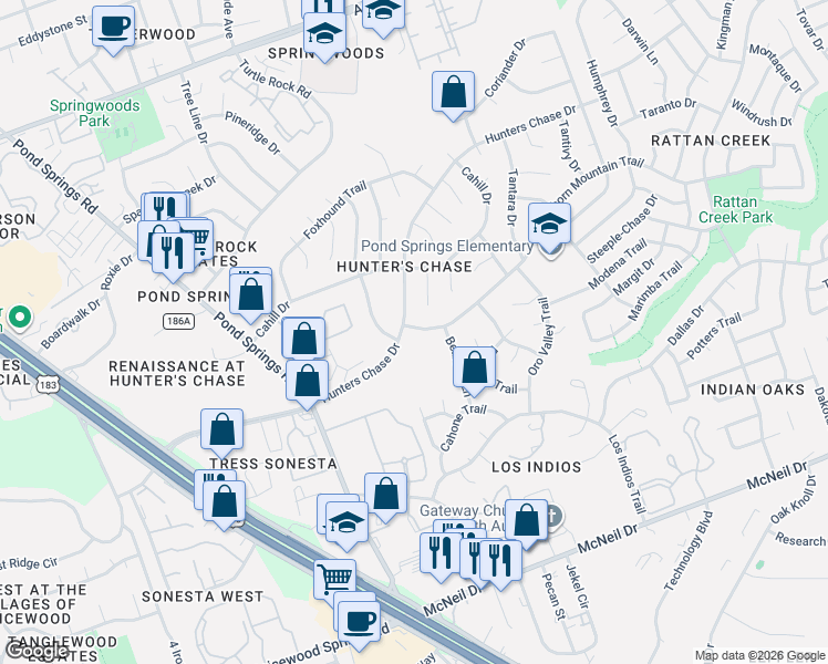 map of restaurants, bars, coffee shops, grocery stores, and more near 12301 Deer Falls Drive in Austin
