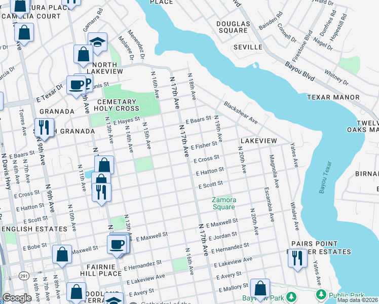 map of restaurants, bars, coffee shops, grocery stores, and more near 1701 East Fisher Street in Pensacola