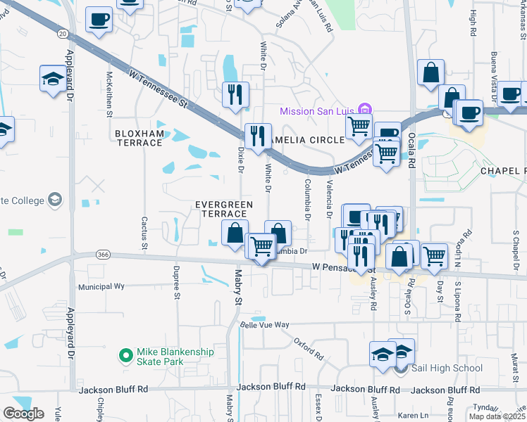 map of restaurants, bars, coffee shops, grocery stores, and more near 214 White Drive in Tallahassee