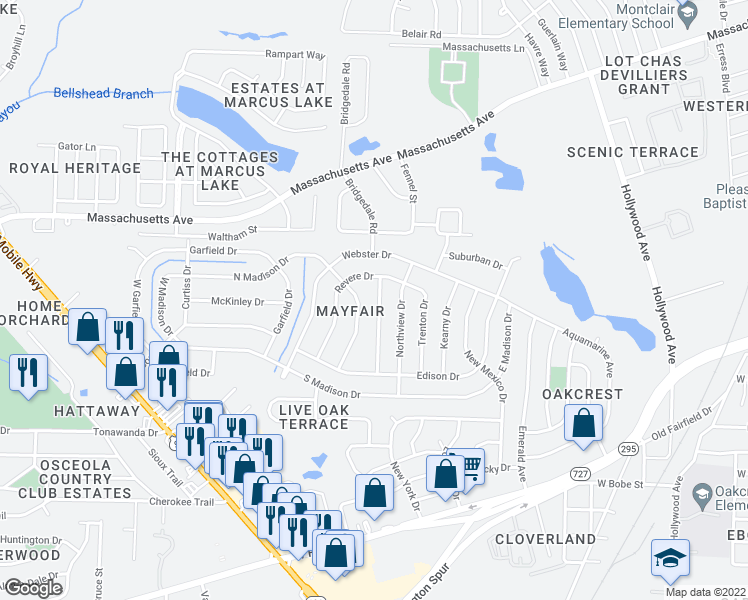 map of restaurants, bars, coffee shops, grocery stores, and more near 1023 Potomac Drive in Pensacola