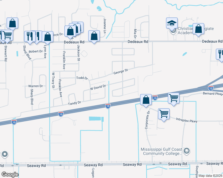 map of restaurants, bars, coffee shops, grocery stores, and more near 2605 West Samuel Street in Gulfport