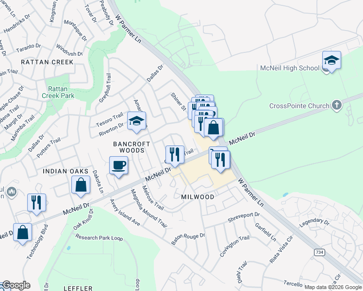 map of restaurants, bars, coffee shops, grocery stores, and more near 13108 New Boston Bend in Austin