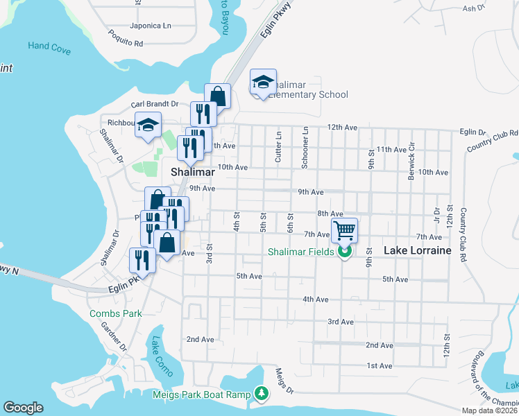 map of restaurants, bars, coffee shops, grocery stores, and more near 15 Mae Winn Avenue in Shalimar