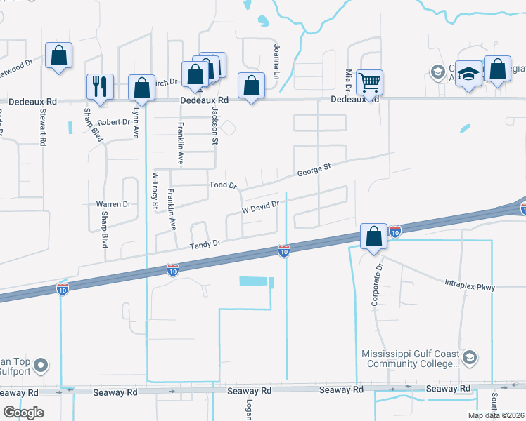 map of restaurants, bars, coffee shops, grocery stores, and more near 2533 West David Drive in Gulfport