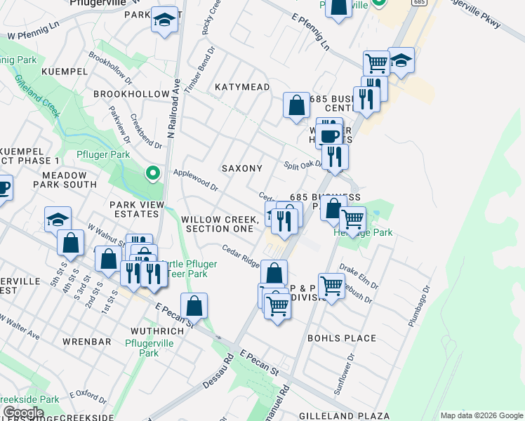 map of restaurants, bars, coffee shops, grocery stores, and more near 600 Applewood Drive in Pflugerville
