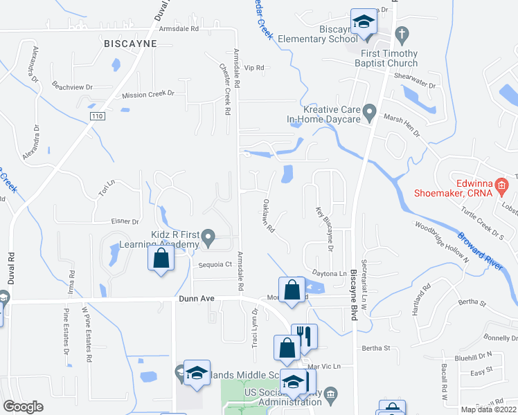 map of restaurants, bars, coffee shops, grocery stores, and more near 2025 Oakton Court in Jacksonville