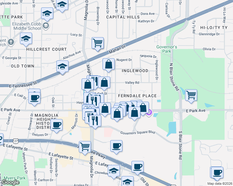 map of restaurants, bars, coffee shops, grocery stores, and more near 1500 Belmont Trce in Tallahassee