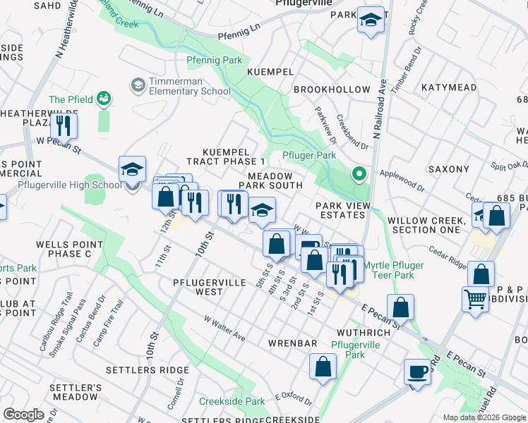 map of restaurants, bars, coffee shops, grocery stores, and more near 800 Oakdale Lane in Pflugerville