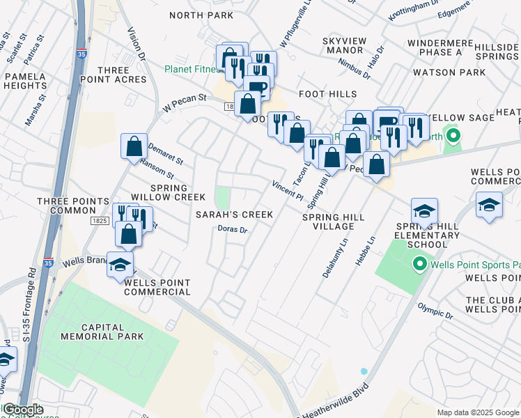 map of restaurants, bars, coffee shops, grocery stores, and more near 1008 Betty Baker Cove in Pflugerville