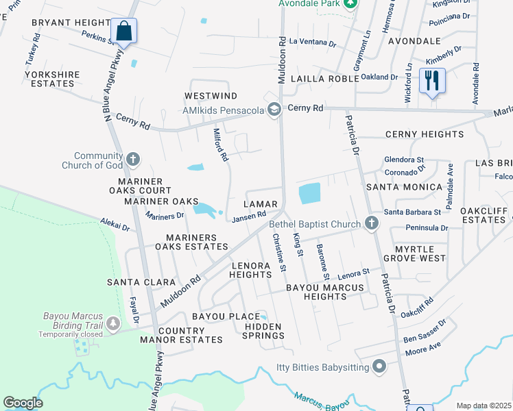 map of restaurants, bars, coffee shops, grocery stores, and more near 3200 Donley Street in Pensacola