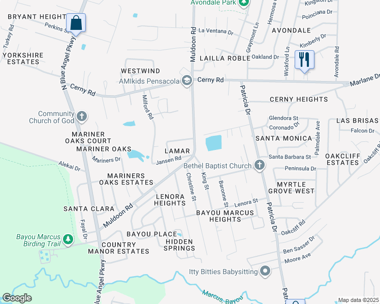 map of restaurants, bars, coffee shops, grocery stores, and more near 3209 Muldoon Rd in Pensacola