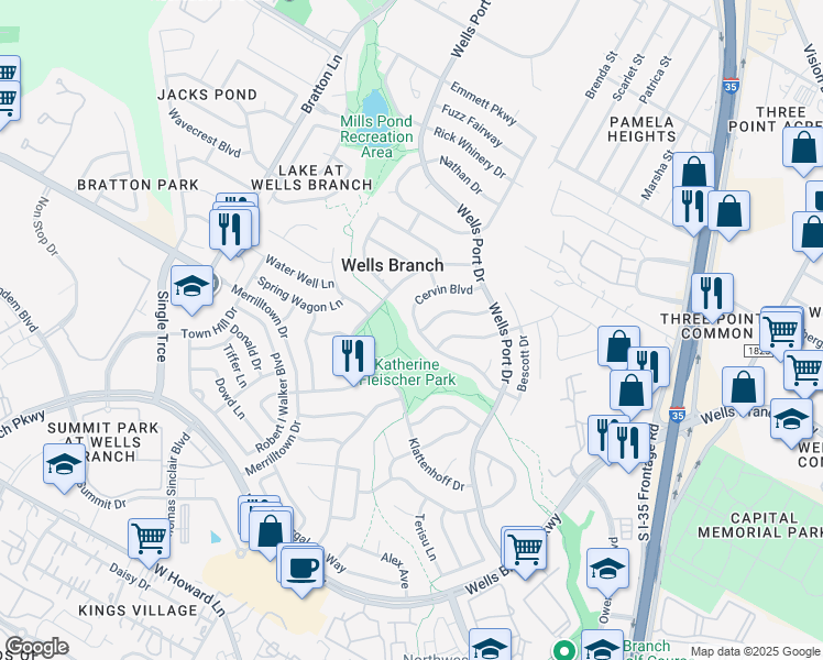 map of restaurants, bars, coffee shops, grocery stores, and more near 2029 Cervin Boulevard in Austin