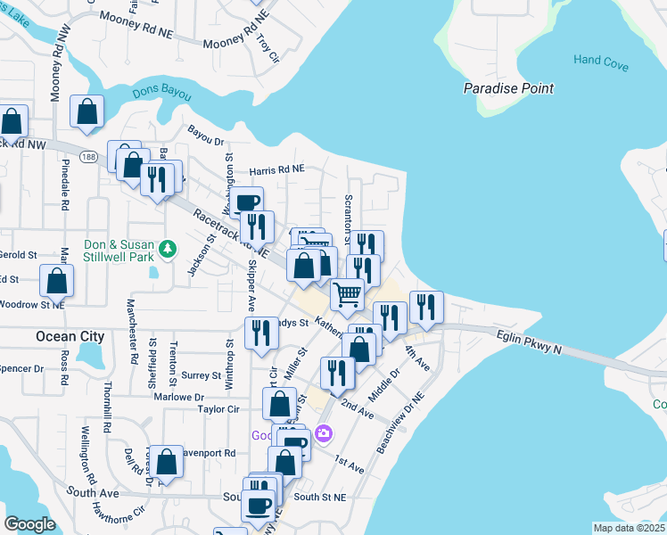 map of restaurants, bars, coffee shops, grocery stores, and more near 121 David St in Fort Walton Beach