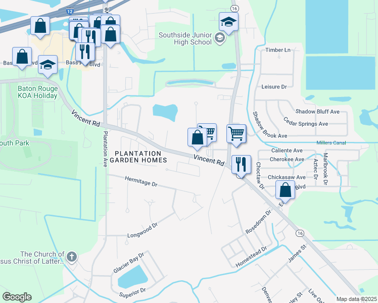 map of restaurants, bars, coffee shops, grocery stores, and more near 8409 Vincent Road in Denham Springs