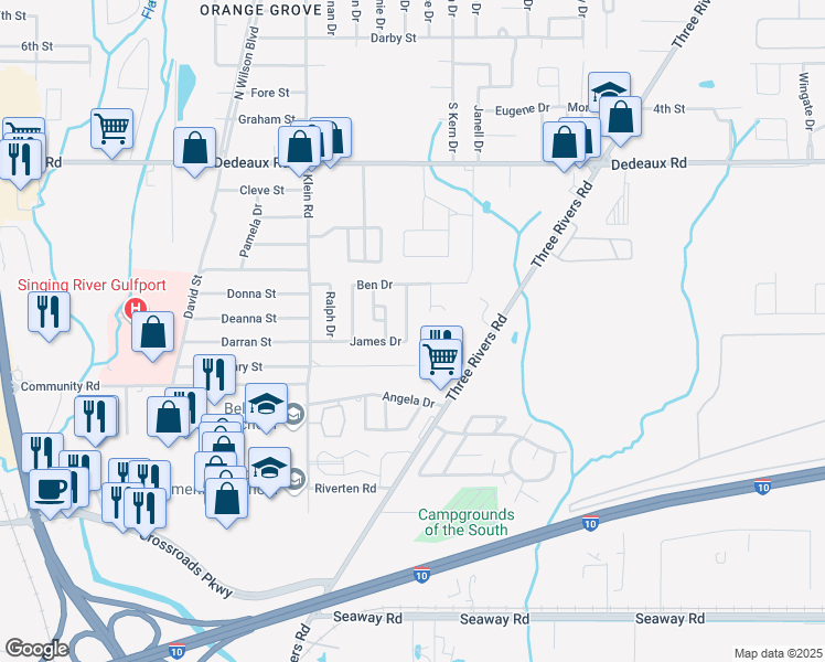 map of restaurants, bars, coffee shops, grocery stores, and more near 138 James Drive in Gulfport