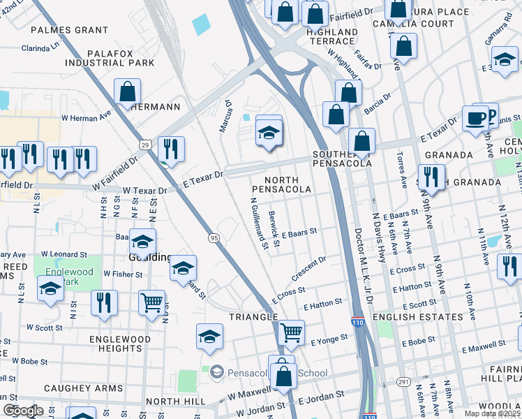 map of restaurants, bars, coffee shops, grocery stores, and more near 103 East Anderson Street in Pensacola