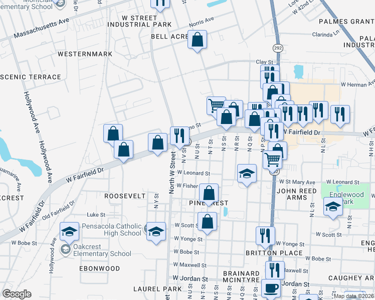 map of restaurants, bars, coffee shops, grocery stores, and more near 3030 North V Street in Pensacola