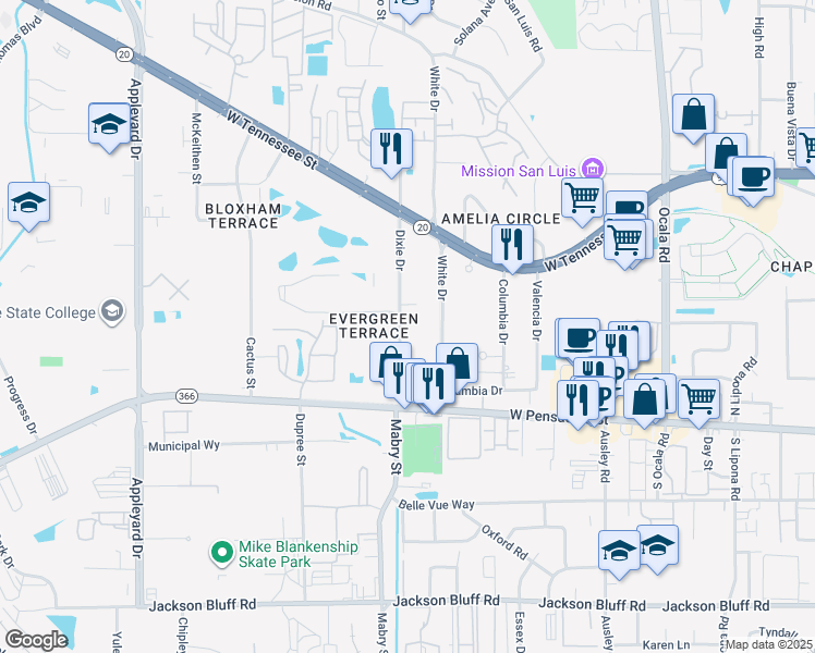 map of restaurants, bars, coffee shops, grocery stores, and more near 227 Dixie Drive in Tallahassee