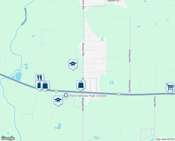 map of restaurants, bars, coffee shops, grocery stores, and more near 40130 Dunson Road in Ponchatoula