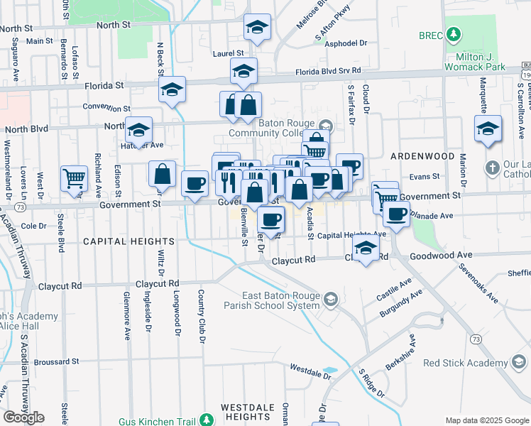 map of restaurants, bars, coffee shops, grocery stores, and more near 545 South Foster Drive in Baton Rouge