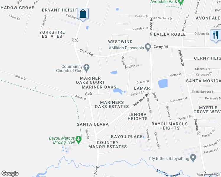 map of restaurants, bars, coffee shops, grocery stores, and more near 3212 Windjammer Court in Pensacola