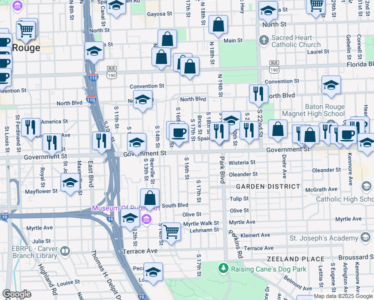 map of restaurants, bars, coffee shops, grocery stores, and more near 1509 Government Street in Baton Rouge