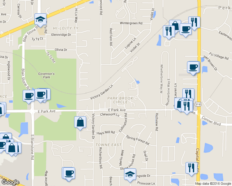 map of restaurants, bars, coffee shops, grocery stores, and more near 2159 Victory Garden Lane in Tallahassee