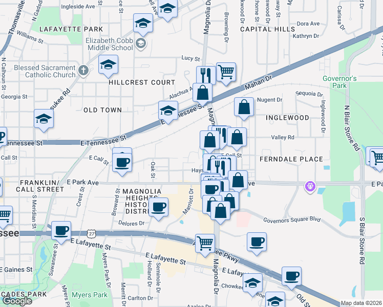 map of restaurants, bars, coffee shops, grocery stores, and more near 311 Vantage Point Lane in Tallahassee