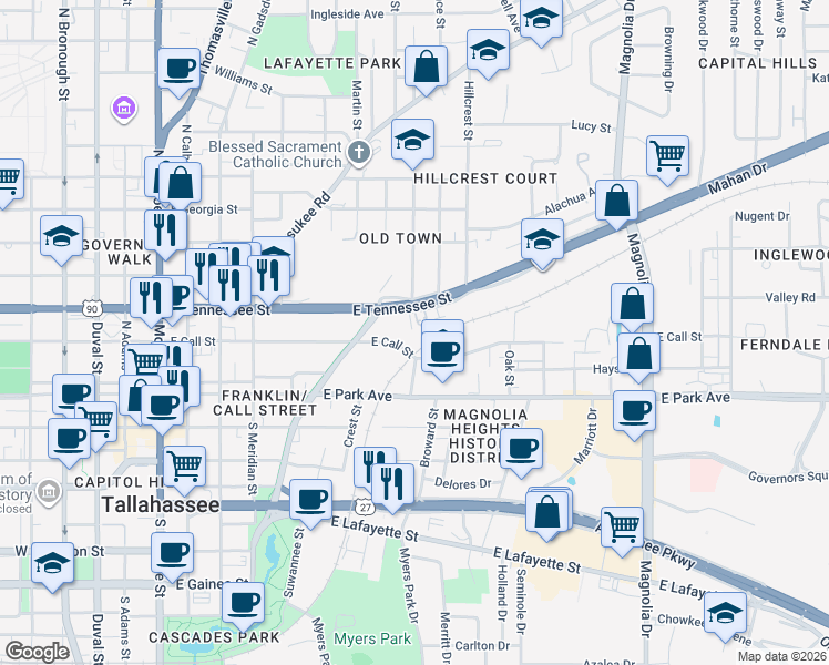 map of restaurants, bars, coffee shops, grocery stores, and more near 638 East Call Street in Tallahassee