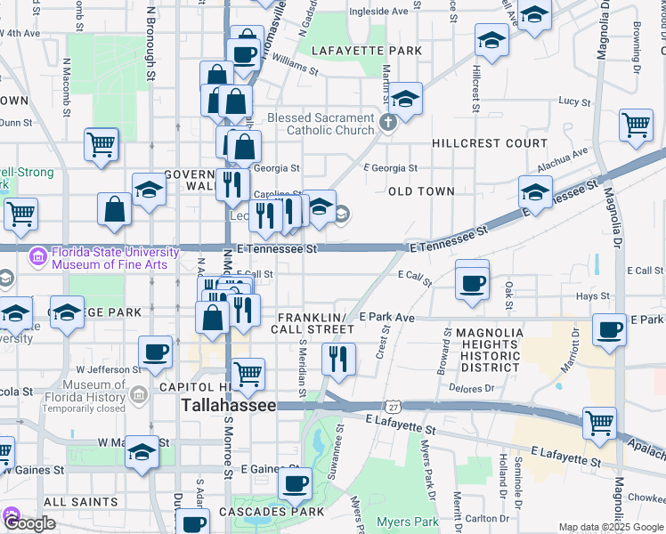 map of restaurants, bars, coffee shops, grocery stores, and more near 528 East Call Street in Tallahassee